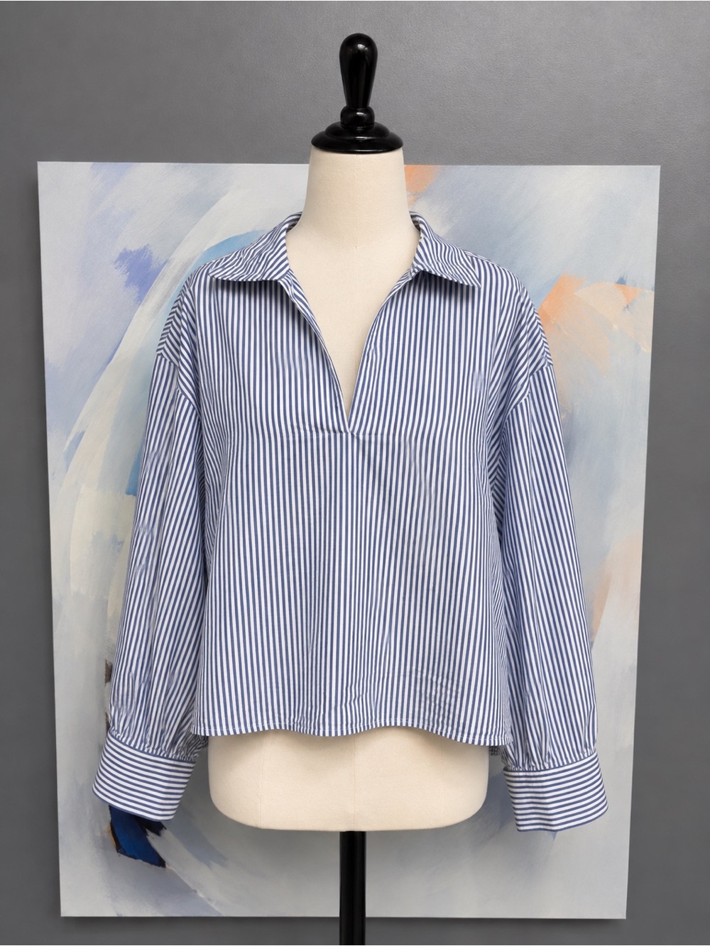 H&M Blue White Stripe Popover Collared Blouse Long Sleeve Relaxed Top Medium